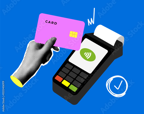 Modern collage with halftone hand holding card at payment terminal. Contactless payment concept. POS terminal with check. Person pays by credit card