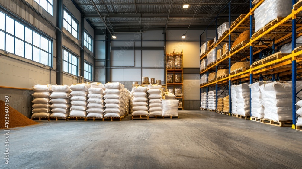 Warehouse in a spice manufacturing plant with bulk bags of spices ready for distribution Warehouse in a spice manufacturing plant with bulk bags of spices ready for distribution