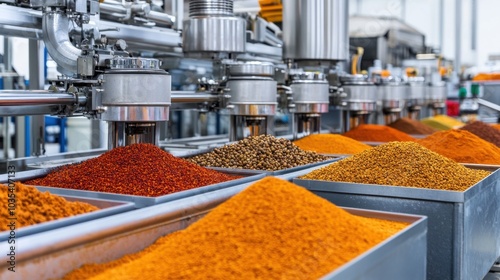 Fototapeta Naklejka Na Ścianę i Meble -  Modern industrial machines processing and sorting colorful spices in a large-scale spice factory