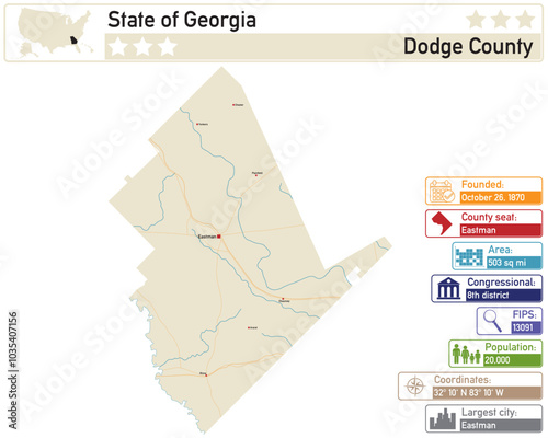 Detailed infographic and map of Dodge County in Georgia USA.