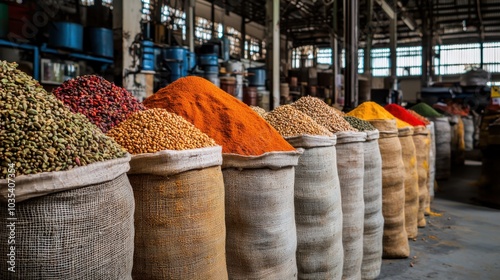 Fototapeta Naklejka Na Ścianę i Meble -  Inside a spice factory with sacks of vibrant spices being processed in an industrial setting