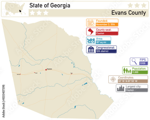 Detailed infographic and map of Evans County in Georgia USA.