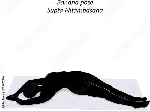 Silhouette of woman practicing Supta Nitambasana yoga pose. Banana pose or Supine Half Moon pose. Beginner Difficulty. Isolated vector illustration