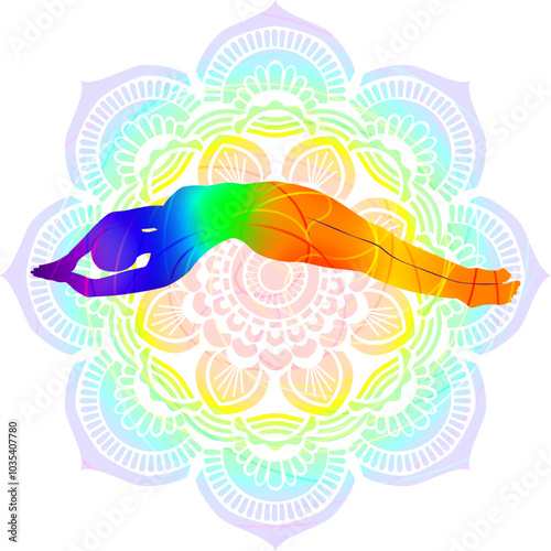 Colorful silhouette of woman practicing Supta Nitambasana yoga pose. Banana pose or Supine Half Moon pose. Isolated vector illustration