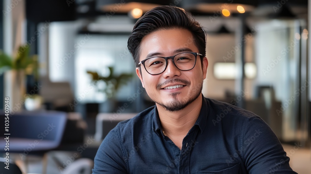 Confident man smiling in modern office setting Confident man smiling in modern office setting