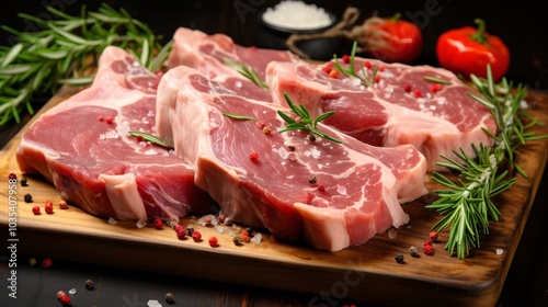 Fresh raw pork chops ready for marinating on a cutting board