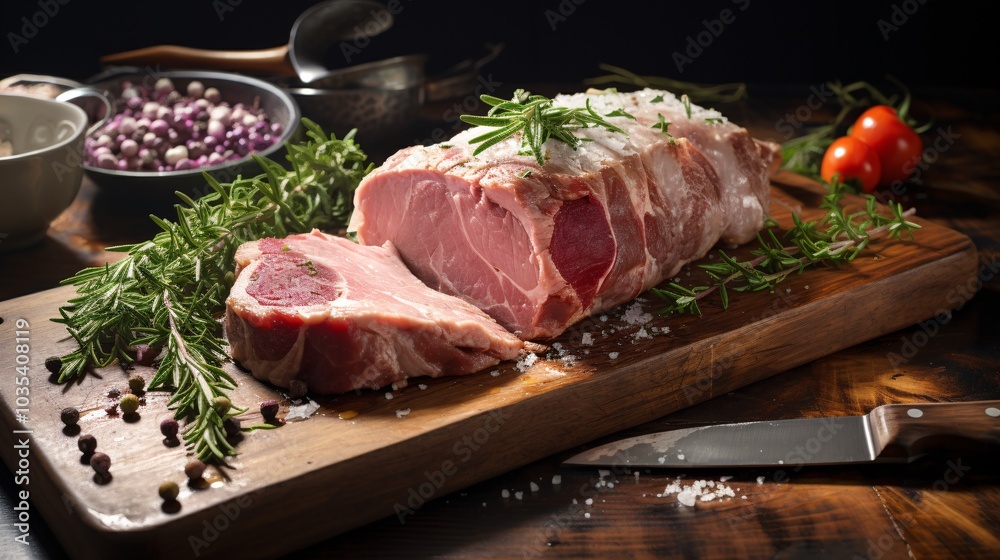 A butcher's knife cutting through raw pork loin on a wooden board