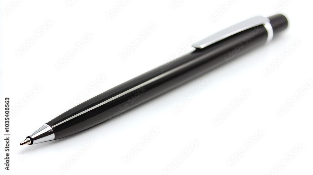 A black metal pen isolated on white, featuring a single object cutout, perfect for an office utilities background. Ideal for signing business deals and symbolizing contract confirmation with empty cop A black metal pen isolated on white, featuring a single object cutout, perfect for an office utilities background. Ideal for signing business deals and symbolizing contract confirmation with empty cop
