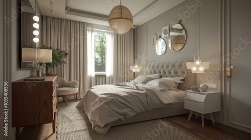 An elegant zen Scandinavian bedroom with a double bed an upholstered headboard