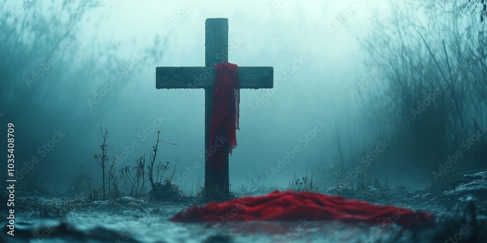 The Cross and the Red Cloth: Love and Sacrifice. Cross with red cloth in the mist and light, Generative AI The Cross and the Red Cloth: Love and Sacrifice. Cross with red cloth in the mist and light, Generative AI