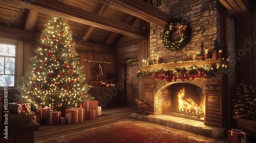 Warm and cozy Christmas scene with a fireplace and decorated tree. The wooden house interior creates a festive and joyful atmosphere, capturing the magic of the holiday season. photo