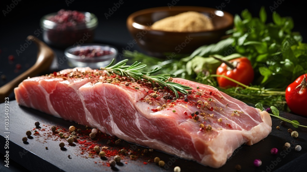 Raw pork tenderloin with a variety of spices on a kitchen counter Raw pork tenderloin with a variety of spices on a kitchen counter