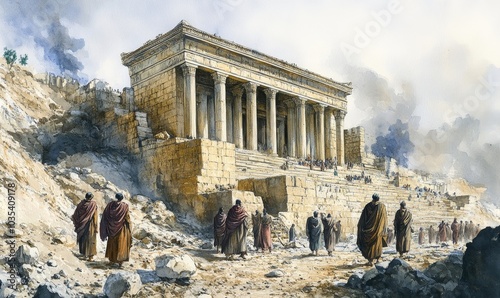 The Rebuilding of the Temple. Ezra 6:15. Old Testament. Watercolor Biblical Illustration, Generative AI photo