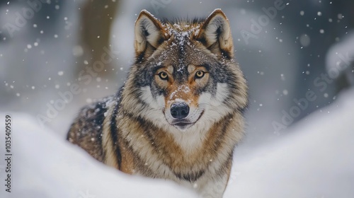 Wolves roam the snow-covered Bavarian forest during winter in Europe.