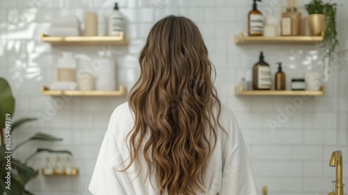 A person stands with their back to the camera, showcasing long, wavy hair in a chic bathroom. Shelves display elegant bottles and decor, creating a serene and modern atmosphere.