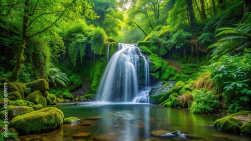 A small waterfall in a lush forest surrounded by large green trees and foliage with dripping water flowing from the top, leafy surroundings, greentrees, nature sounds