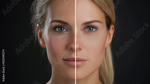 A woman's face is divided in half, revealing the stark differences between signs of aging and the rejuvenated look achieved through cosmetic procedures and surgery, facelift and facial surgery, botox,