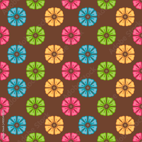 Repeat floral pattern tile in rainbow colors on brown background