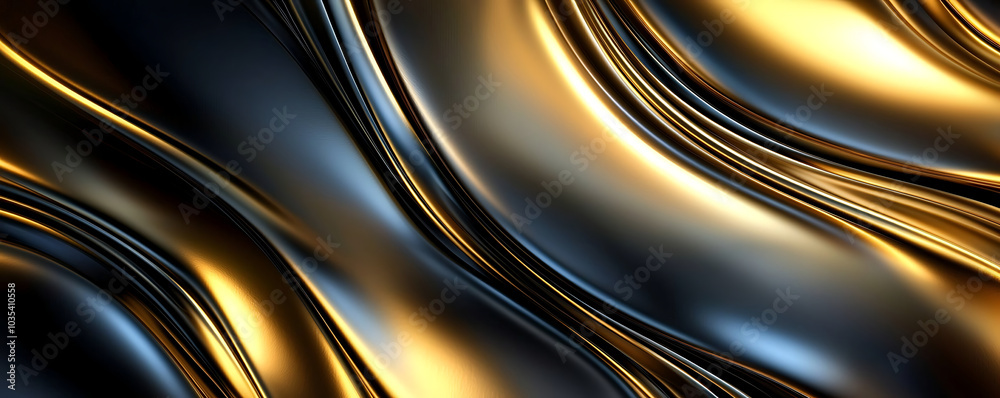 A luxurious abstract background featuring shiny black and gold metallic waves. 