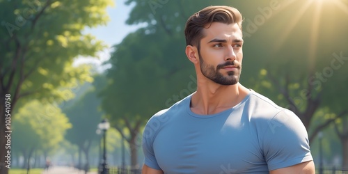 A confident man enjoying a sunny day in a vibrant park, showcasing a fit physique and positive energy while surrounded by nature.