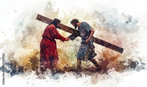 Simon of Cyrene helps Jesus carry the Cross. Digital watercolor painting, Generative AI