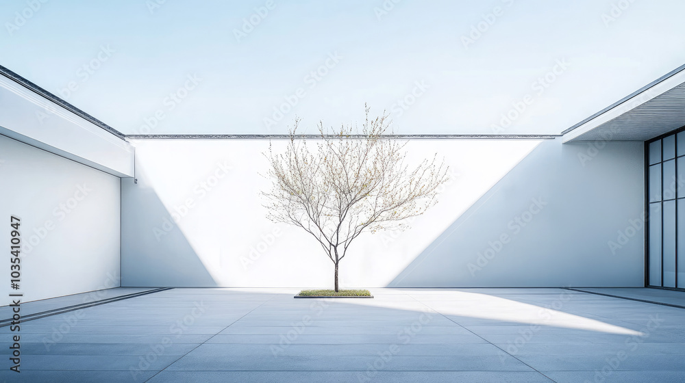 Chinese-Style Minimalist Courtyard with Tree, White Wall, Sunlight Shadows and Window for Serenity Chinese-Style Minimalist Courtyard with Tree, White Wall, Sunlight Shadows and Window for Serenity