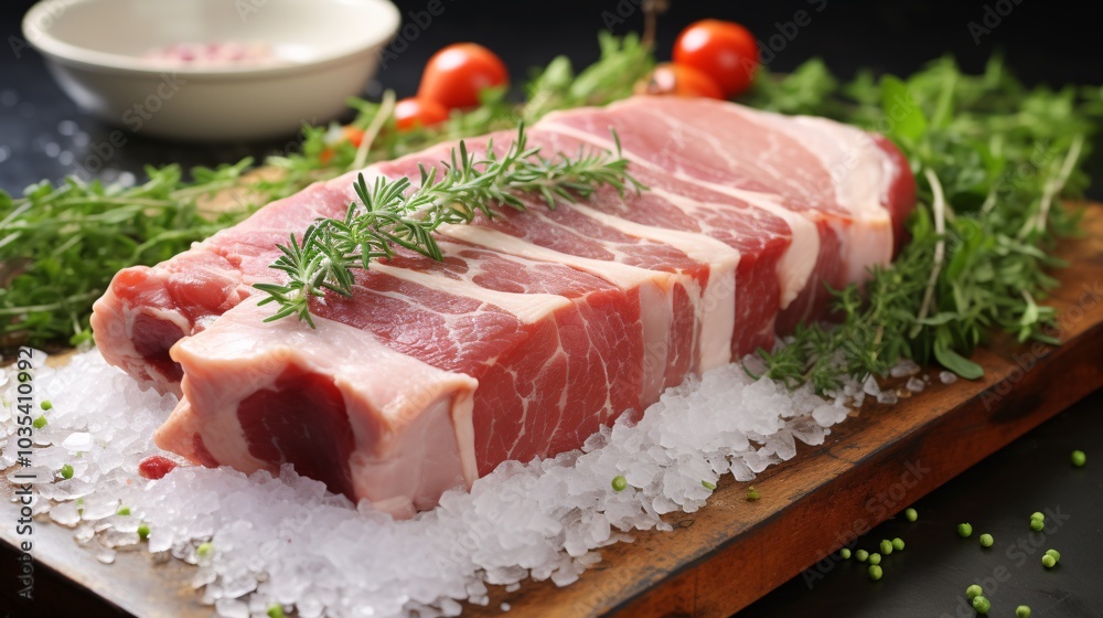 Fresh raw pork belly with a layer of marbled fat and herbs Fresh raw pork belly with a layer of marbled fat and herbs