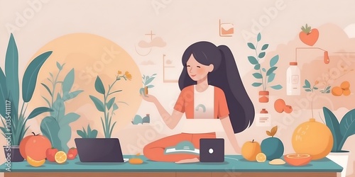 A creative individual enjoys nature and healthy living while studying in a cozy indoor space surrounded by plants and fruits.