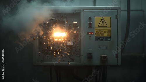 Wallpaper Mural Electrical arcing and sparks inside industrial electrical panel with warning signs Torontodigital.ca