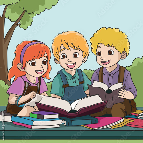 Group of happy children reading books in the park
