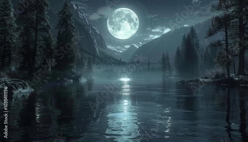 Moonlit forest with campfire by calm river 