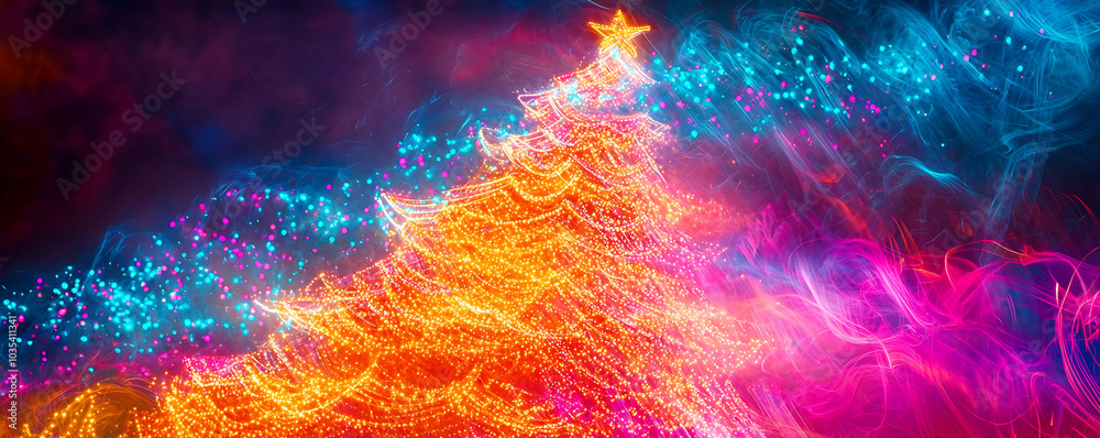 vibrant neon Christmas tree illuminated in colorful lights against a dark, starry background. vibrant neon Christmas tree illuminated in colorful lights against a dark, starry background.