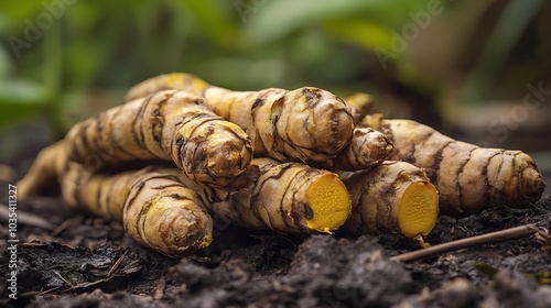 Fresh Turmeric Roots On The Ground