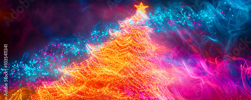  vibrant neon Christmas tree illuminated in colorful lights against a dark, starry background.