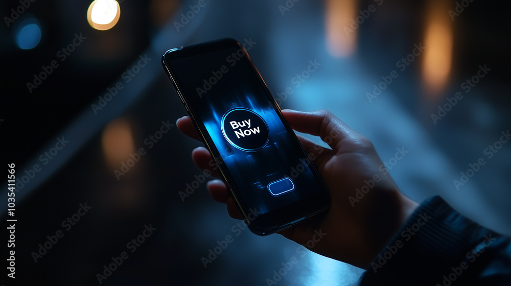 A hand holds a smartphone displaying a prominent buy button, suggesting a late-night online shopping experience in a moody urban environment. A hand holds a smartphone displaying a prominent buy button, suggesting a late-night online shopping experience in a moody urban environment.