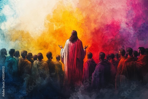 Ministry of Jesus. Jesus preaching standing in front of the synagogue. Digital watercolor painting, Generative AI
