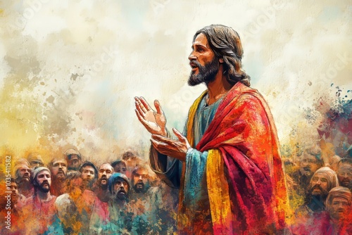 Ministry of Jesus. Jesus preaching standing in front of the synagogue. Digital watercolor painting, Generative AI