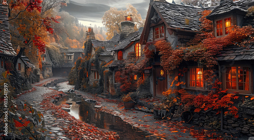 Fototapeta Naklejka Na Ścianę i Meble -  A charming village in autumn, with stone cottages covered in ivy turning shades of red and orange. The cobblestone streets are lined with fallen leaves, A small stream runs through the village.