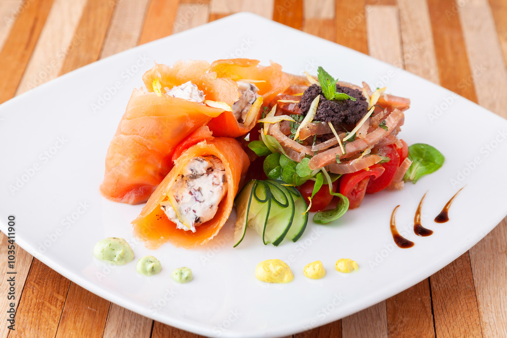 food presentation mixed fresh fish with vegetables and creative garnish food presentation mixed fresh fish with vegetables and creative garnish