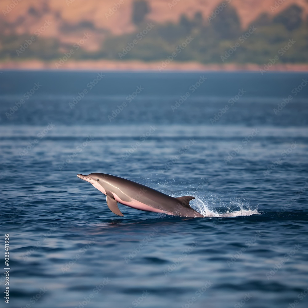 Fototapeta premium Graceful Encounter: Rare Pink Dolphin in Sparkling Morning Waters
