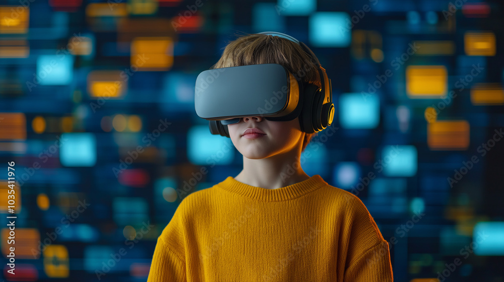 Young Boy Experiencing Virtual Reality with a VR Headset Young Boy Experiencing Virtual Reality with a VR Headset