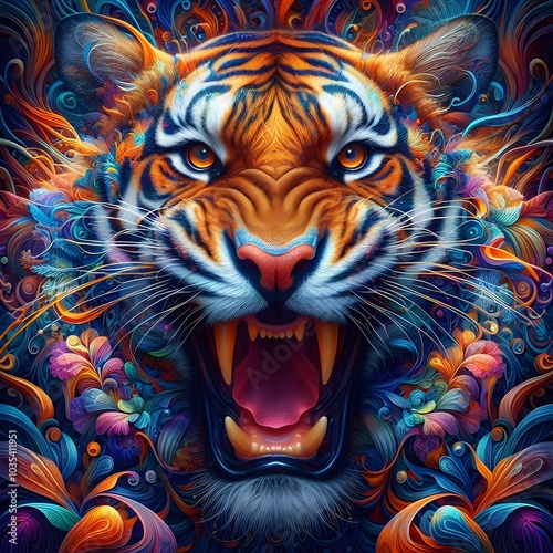 A ferocious, roaring tiger depicted in an abstract, intricate style. Swirling patterns blend with the tiger's striking features, creating a vivid representation of its raw power and beauty. photo