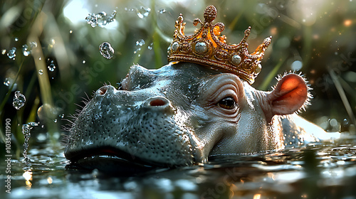 snarky baby hippo wearing crown emerges from water, showcasing sarcastic expression amidst splashes and bubbles. This playful scene captures charm of wildlife