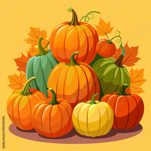 A cheerful illustration featuring a stack of pumpkins against a warm, autumnal backdrop, perfect for seasonal designs, fall-themed projects, or adding a touch of harvest cheer to your work.
