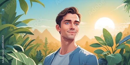 Young man smiling in a lush tropical landscape during sunrise, surrounded by green foliage and mountains in the background.