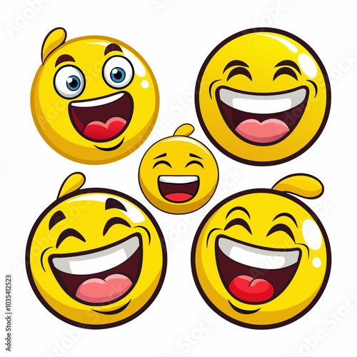 Set of five cartoon yellow emoticons expressing happiness and laughter, perfect for adding a fun and lighthearted touch to your designs. These vibrant emojis are ideal for social media, websites.