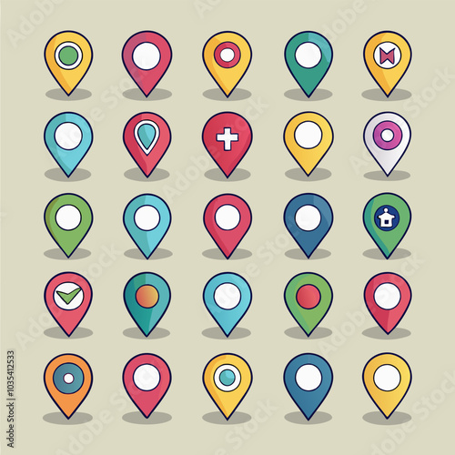 A set of 25 colorful and flat designed location pin icons, perfect for apps, websites, and presentations. This versatile set includes various symbols and shapes to represent different locations.