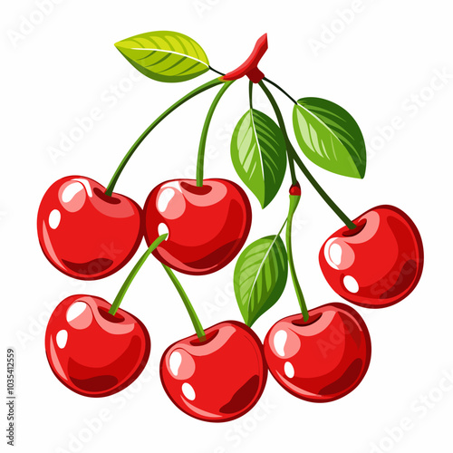 A vibrant illustration of a cluster of ripe cherries hanging from a branch with green leaves. These juicy, red cherries are perfect for adding a touch of summer freshness to your designs.