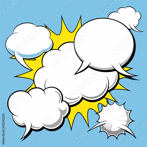A set of comic book style speech bubbles, perfect for adding a fun and playful touch to your designs. The bubbles are in various shapes and sizes.