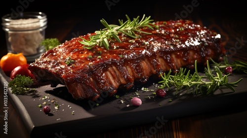 Raw pork ribs with a glaze of barbecue sauce and a garnish of fresh herbs